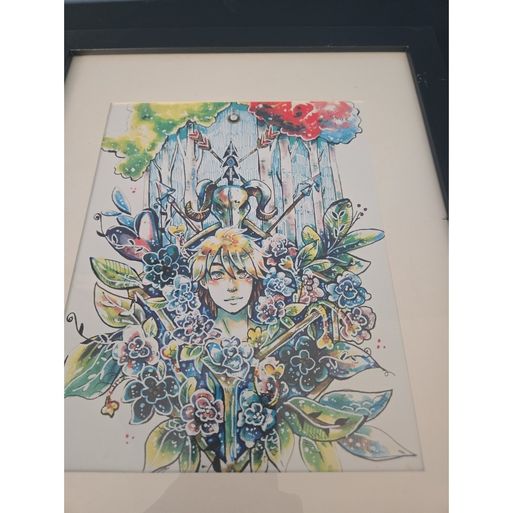 Fantasy Anime Woodland Art Print Framed Watercolor Illustration Ram Skull Floral
